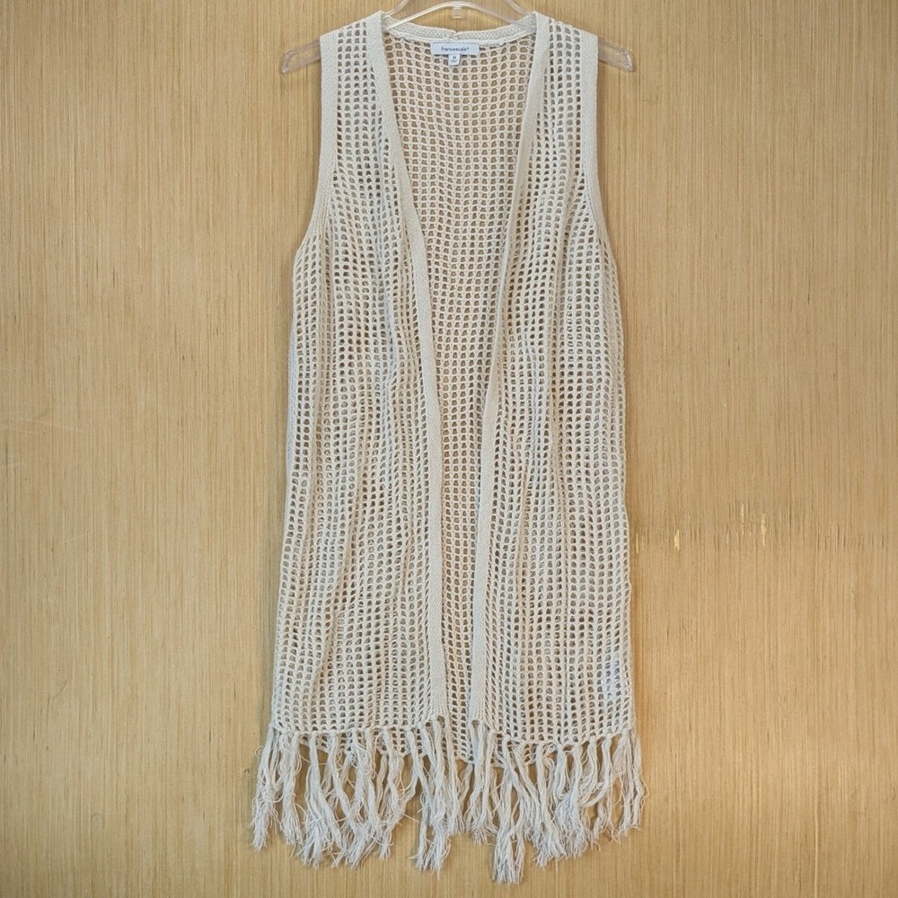 Francesca's Boho Indie Festival Cream Open Knit Fringe Vest Cardigan Size M
